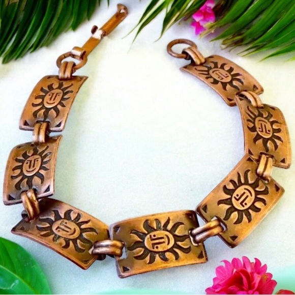 Copper Bracelet Vintage Sun Face Rectangular Links Southwestern Boho - Picture 10 of 11